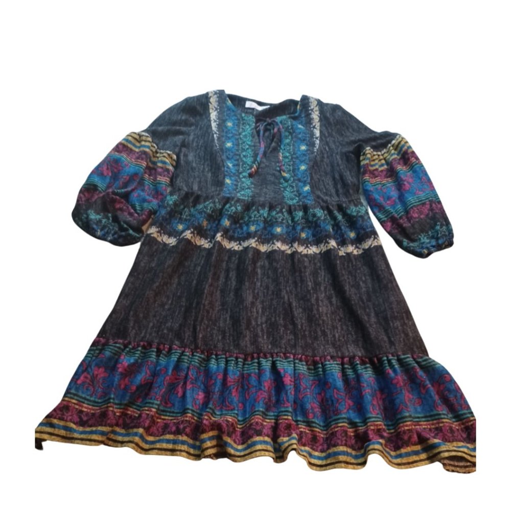 BLEECKER 126 DARK GREY AND FLORAL PRINT MIDI FLOUNCE DRESS  SIZE 6 & 8